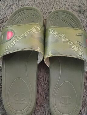 Champion Olive Camo Slide Sandals with Pink Logo Accent